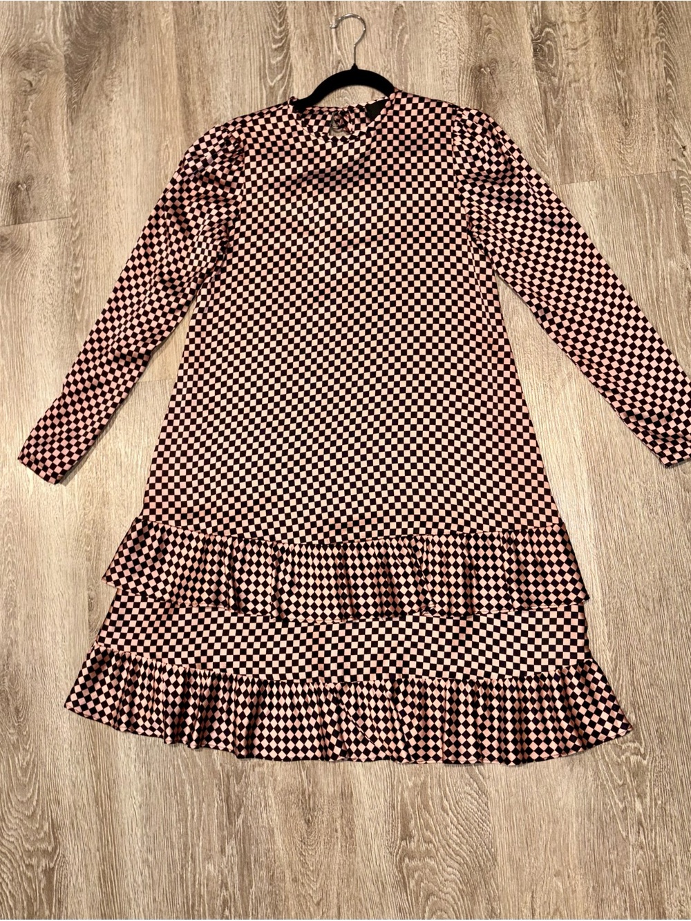 Cynthia Rowley Pink Black Check 100% Silk Tiered Knee Length Dress